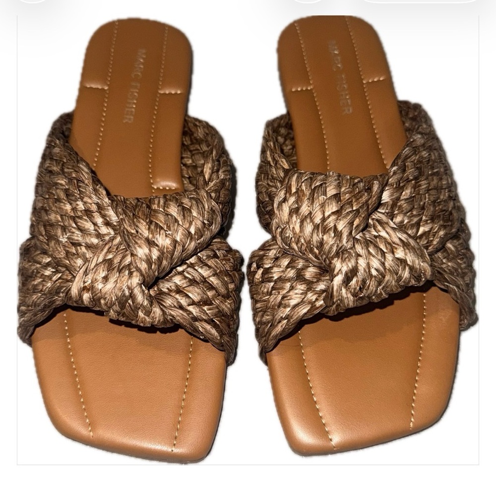 Marc Fisher Lasket Woven Slide Sandals Square Toe Neutral Knot Size 6